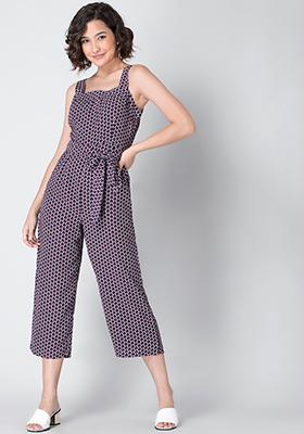 Black Geometric Belted Strappy Jumpsuit 