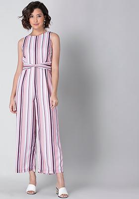 Pink Striped Sleeveless Front Twist Jumpsuit 