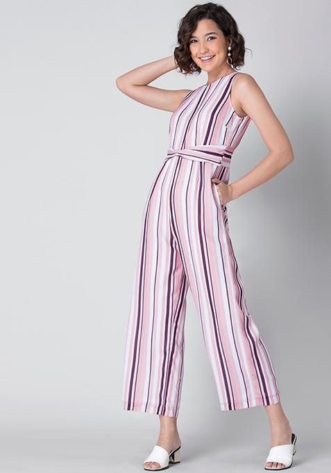 Buy Women Pink Striped Sleeveless Front Twist Jumpsuit - Date Night ...