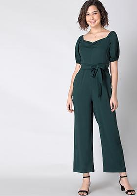Teal Ruched Belted Jumpsuit