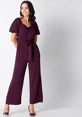 Wine Ruched Belted Jumpsuit