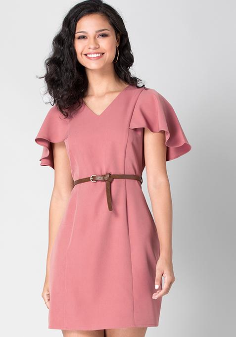 Dusty Pink Ruffled Sleeve Bodycon Dress with Tan Belt