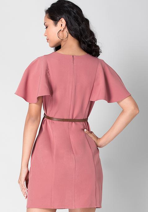 Buy Women Dusty Pink Ruffled Sleeve Bodycon Dress With Tan Belt Date Night Dress Online India 