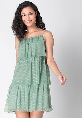 Green Strappy Tiered Mesh Dress