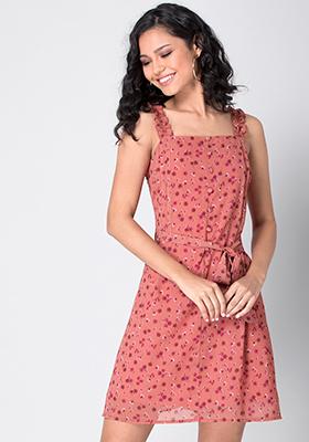 Coral Strappy Belted Ruffle Dress