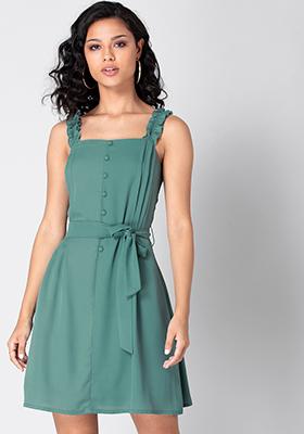 Green Strappy Belted Ruffle Dress