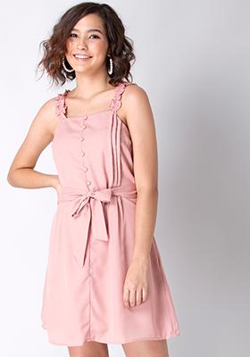 Blush Pink Strappy Belted Ruffle Dress