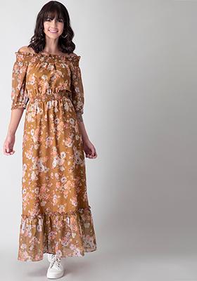 Brown Multicolored Floral Off Shoulder Maxi Dress