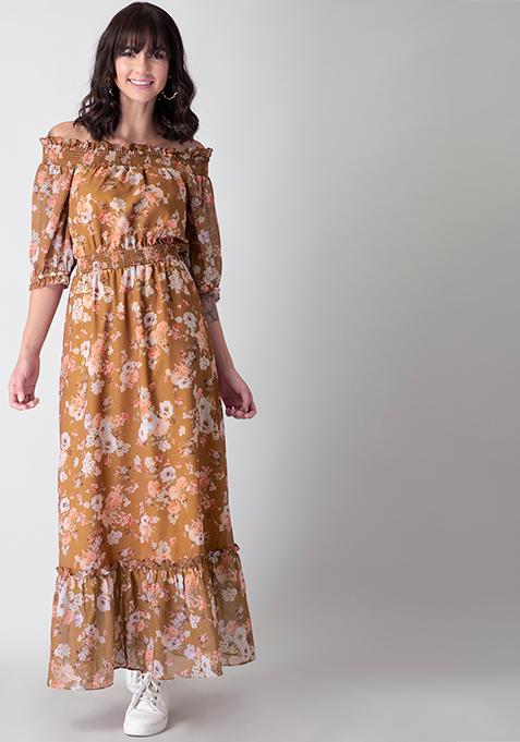 Buy Women Brown Multicolored Floral Off Shoulder Maxi Dress - Date ...