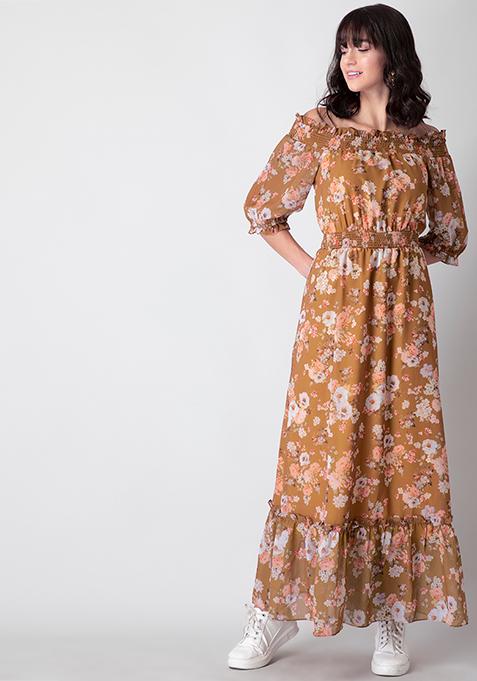 Buy Women Brown Multicolored Floral Off Shoulder Maxi Dress - Date ...