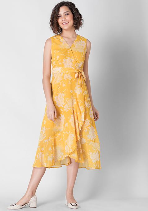 Yellow White Floral Wrap Dress