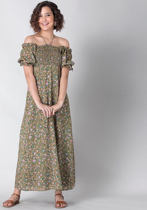 Green Pink Floral Smocked Maxi Dress