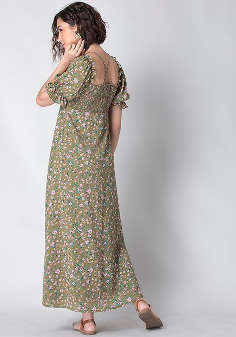 Buy Women Green Pink Floral Smocked Maxi Dress - Date Night Dress ...