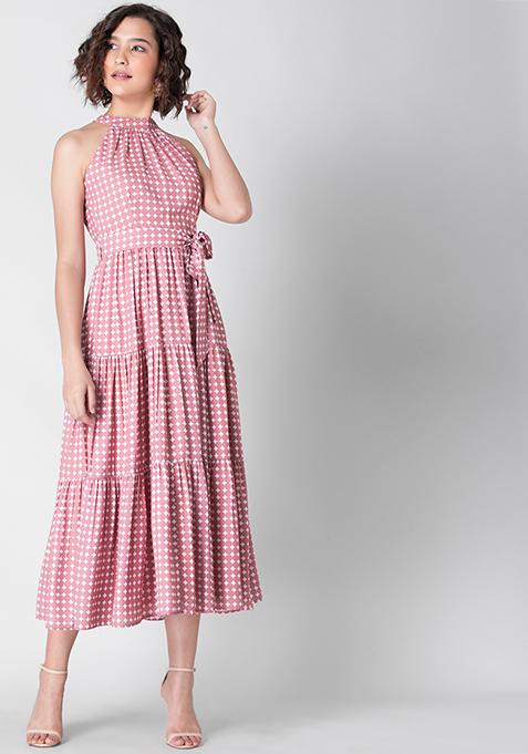 Pink Polka Belted Halter Maxi Dress