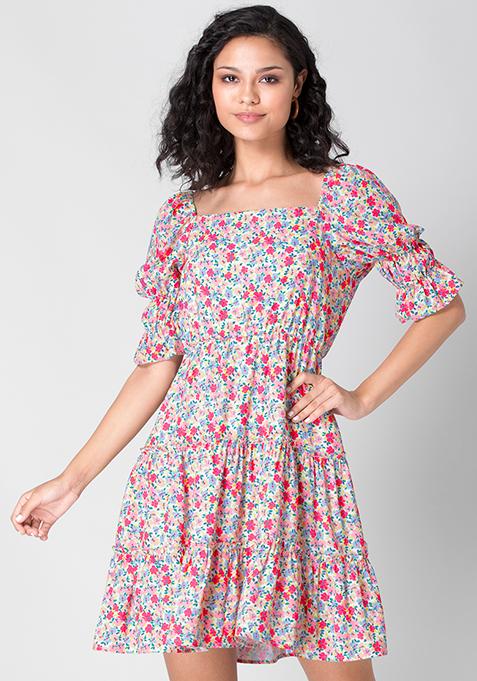 Pink Floral Puff Sleeves Tiered Skater Dress