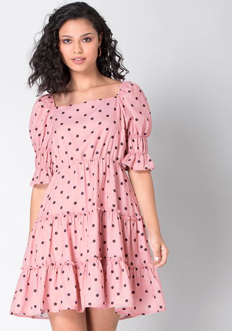 Pink Polka Puff Sleeves Tiered Skater Dress