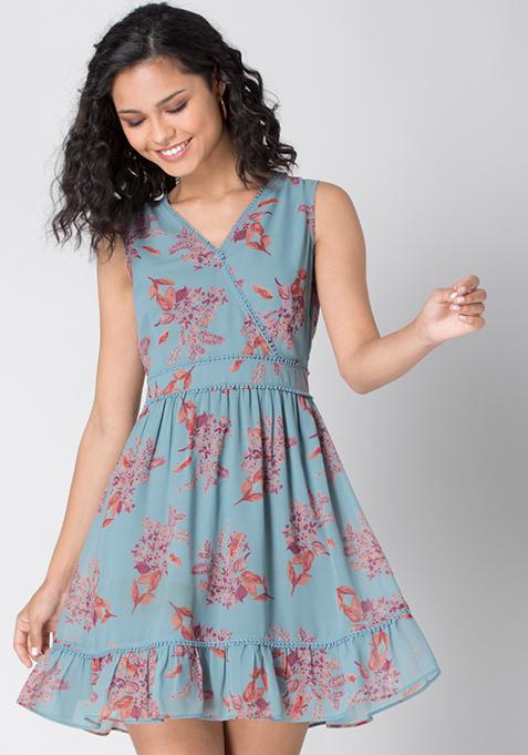 Blue Floral Wrap Trim Detail Skater Dress 