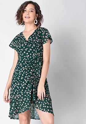 olive polka dot pleated wrap dress