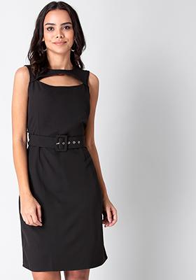 Black Cut Out Buckle Belted Shift Dress