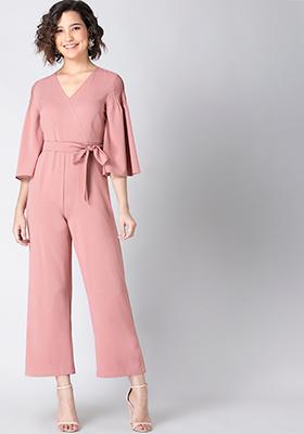 Dusty Pink Pintuck Sleeve Belted Jumpsuit 