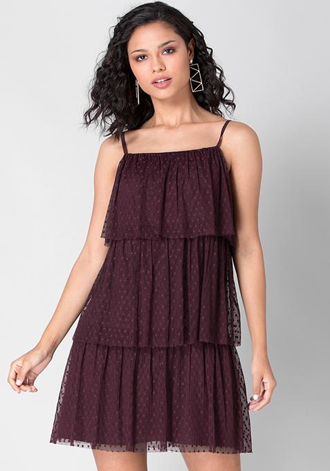 Wine Mesh Strappy Tiered Dress