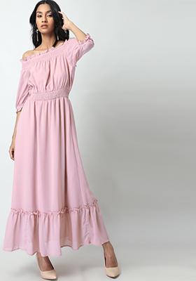 Dusty Pink Smocked Waist Off Shoulder Dress