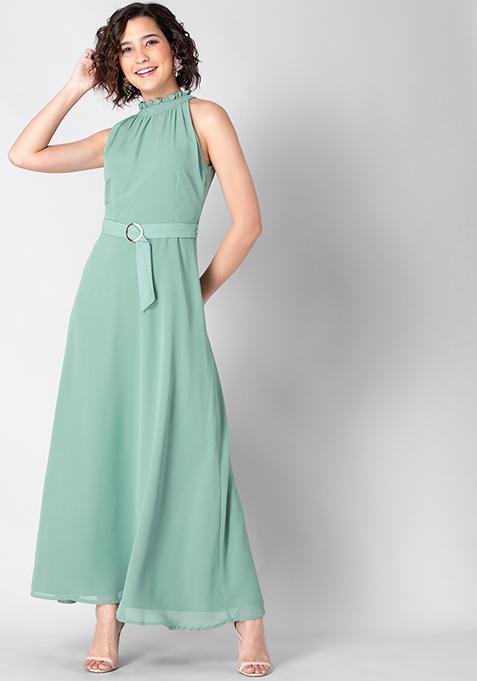 Sea Foam Halter Belted Maxi Dress 