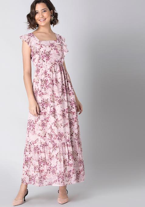 Rose Pink Floral Frilled Back Cut Out Maxi Dress