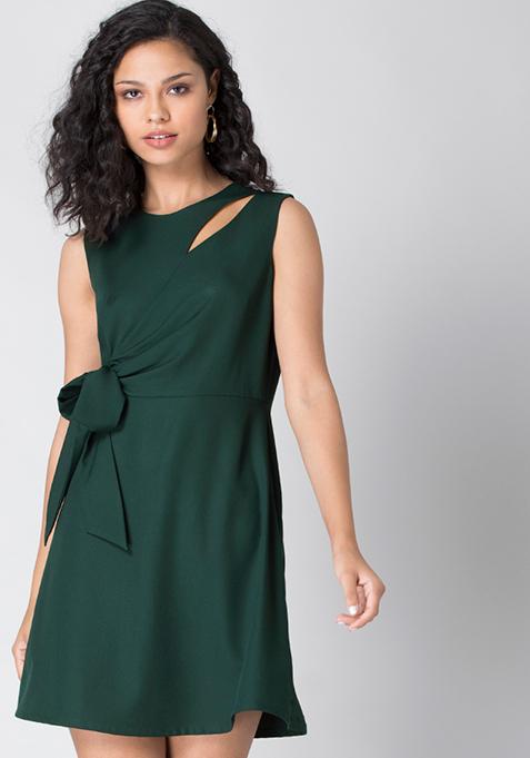 Green Slit Shoulder Side Tie Dress