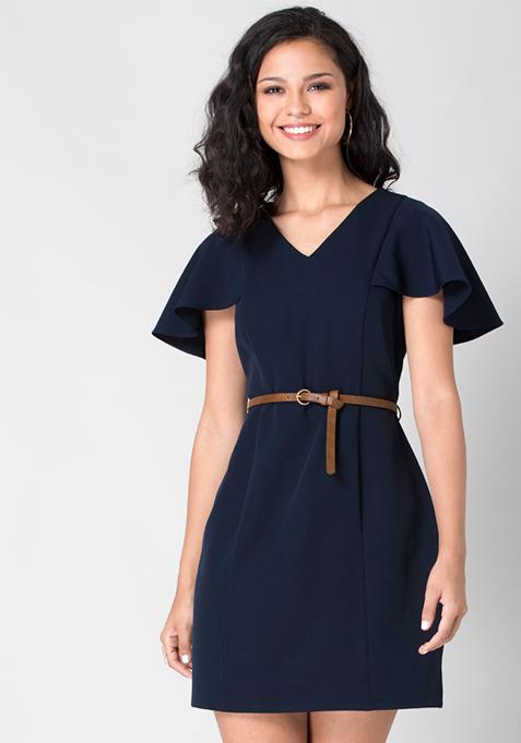 Navy Ruffled Sleeve Bodycon Dress with Tan Belt