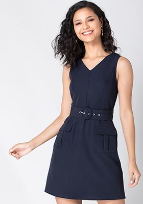 Navy Solid Belted A-Line Dress