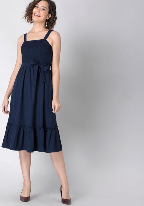 Navy Belted Smocked Back Midi Dress