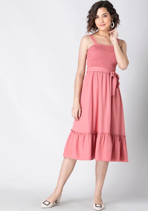 Dusty Pink Belted Smocked Back Midi Dress