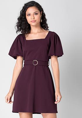 Wine Belted Puff Sleeve A Line Dress