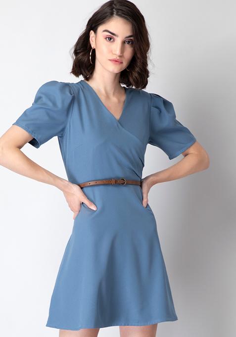 Blue Puff Sleeve Wrap Dress with Tan Belt 