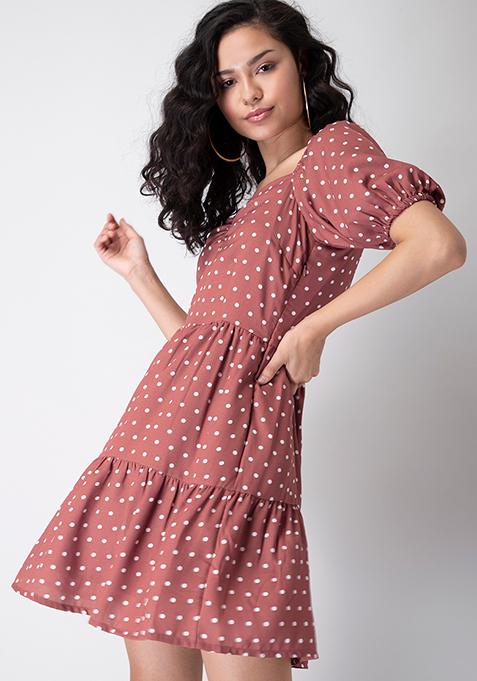 Rust Polka Tiered A Line Dress 