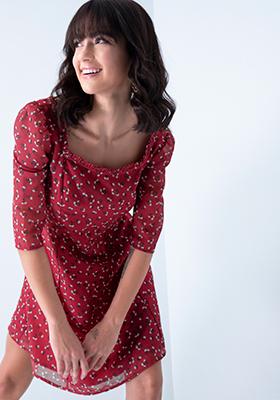Red Floral Square Neck Ruffled Dress