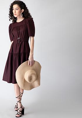 Wine Puff Sleeve Buckle Belted A Line Dress