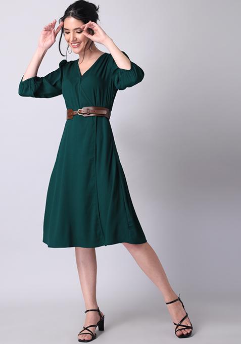 Bottle Green Puff Sleeve Wrap Dress 