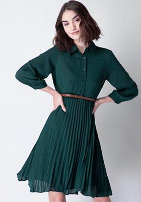 Green Collared Button Down Dress with Tan Belt 