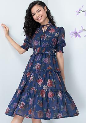 Navy Floral High Neck Tiered Midi Dress 
