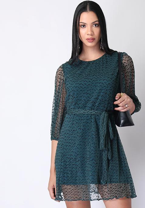 Teal Mesh Polka Belted Shift Dress 