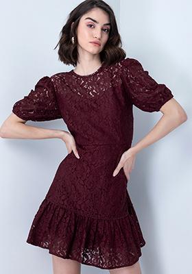 Wine Ruffled Floral Lace Shift Dress 