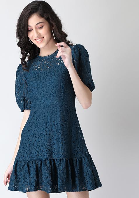 Blue Ruffled Floral Lace Shift Dress 