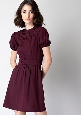 Wine High Neck Puff Sleeve Belted Dress 