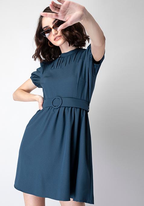 Slate Blue Belted Puff Sleeve Skater Dress 