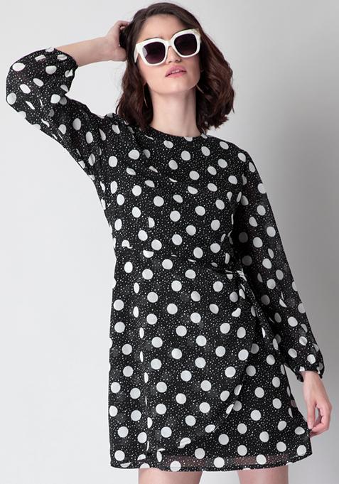 Black Polka Full Sleeve Wrap Dress