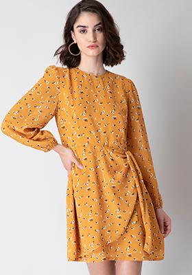Mustard Ditsy Floral Wrap Dress
