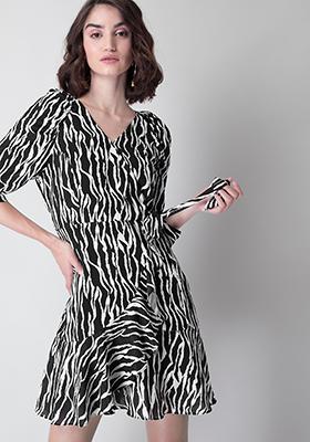 Black Zebra Ruffled Wrap Dress 