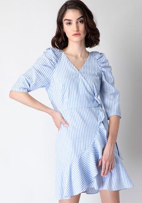 Blue Striped Ruffled Wrap Dress 